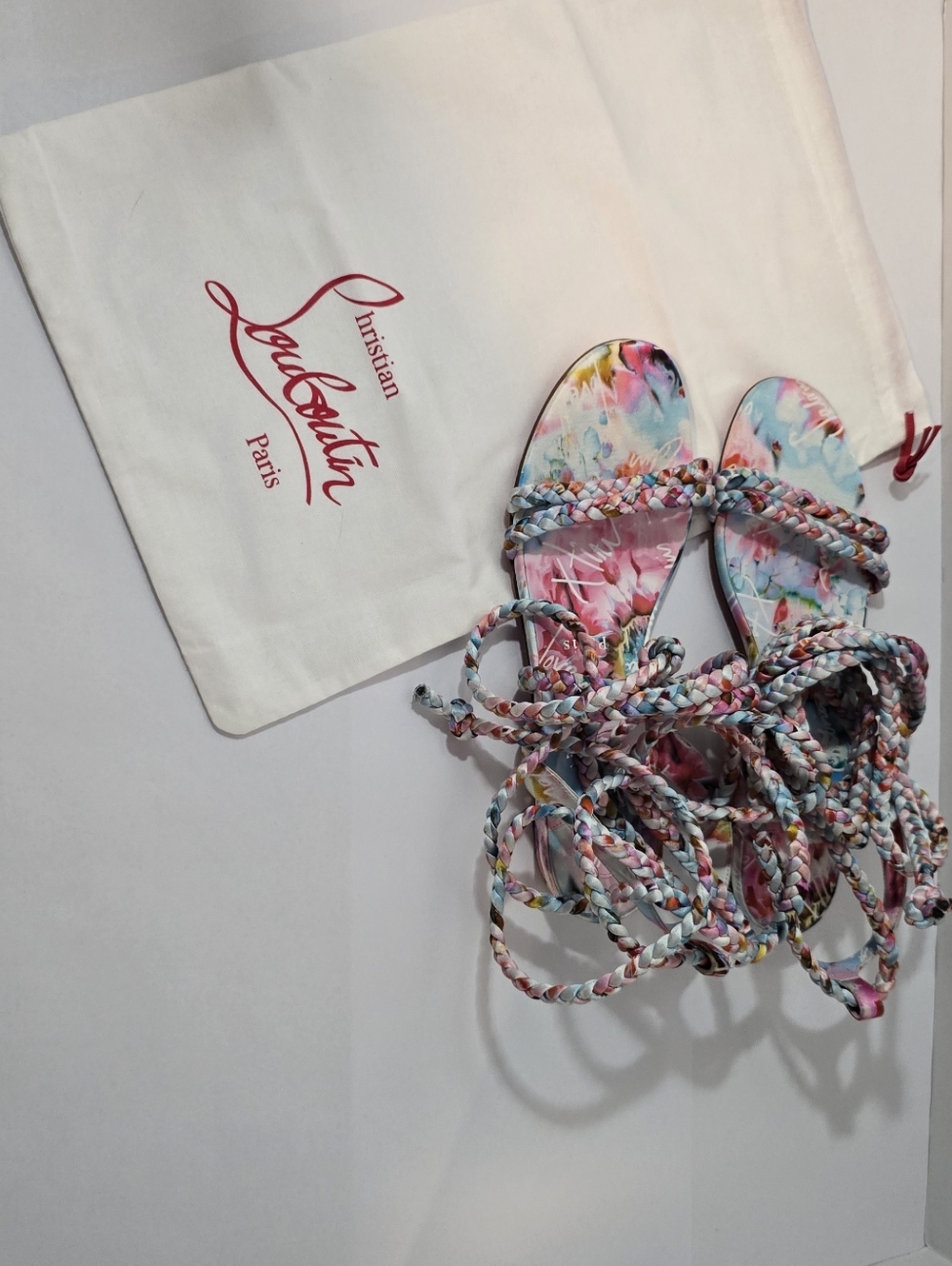 CHRISTIAN LOUBOUTIN MARYAM Multicolor Satin Braided Lace Up Sandals - Picture 15 of 16